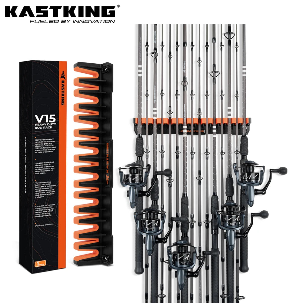 KastKing Patented V15 Vertical Fishing Rod Holder Wall Mounted Fishing Rod Rack, Store 15 Rods or Fishing Rod Combos in 18 Inch