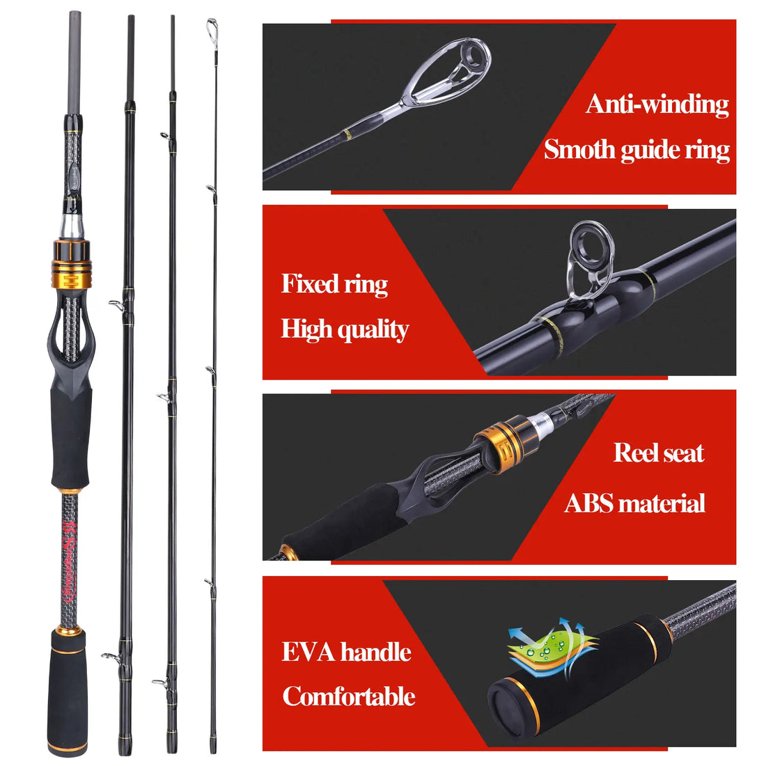 Sougayilang Portable 4 Section Casting Fishing Rods with 24 Ton Carbon Fiber Latest Serpentine Reel Seat UltraLight Pesca