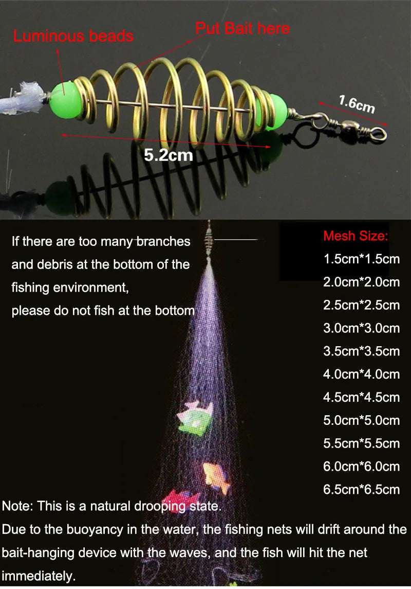 1Pcs Fish Bait Net Nylon Folding Fishing Spring Net with Luminous Beads Netting for Night Fishing Shoal Cast Nets Outdoor Traps