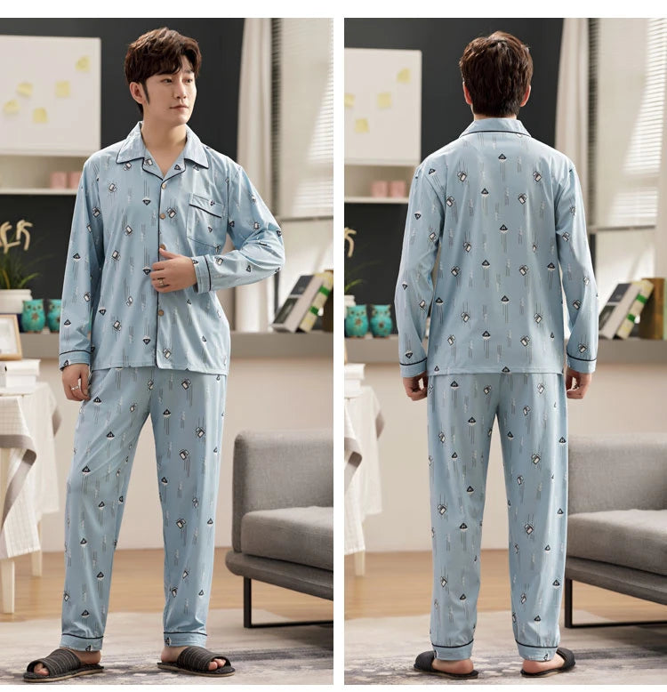 L-5XL Plus Size Faux Cotton Print Men's Pajamas Korean Ins Autumn Y2k Male Nightwear 2024 New Big Size Long Sleeve+pant Home Set