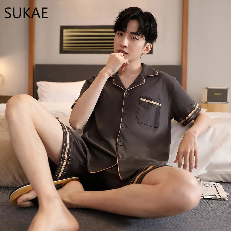 SUKAE Plaid Pyjamas Men Cardigan Lapeled Gentleman's Home Wear Summer Shorts Cotton Lounge Wear Plus Size L-5XL Pyjama Sleepwear