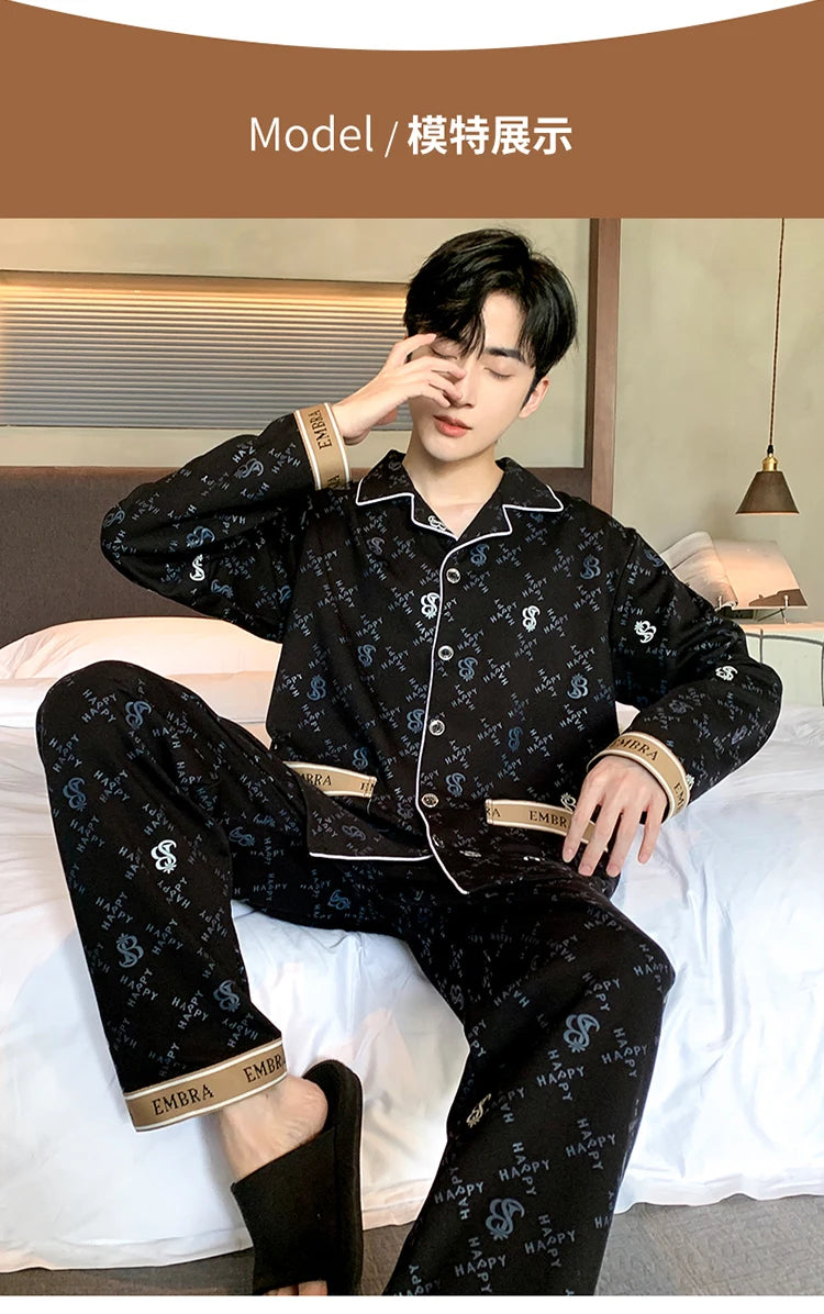 Black Luxurious Men Pajamas Set Autumn Winter Long Sleeves Long Pants Casual Sleepwear Soft Pyjamas Cozy Pijamas Adult Pjs Sleep