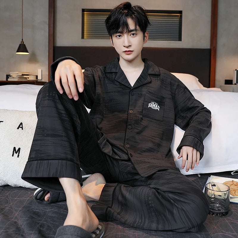 SUKAE Casual Mens Pijama Faux Cotton Soft Nightwear Autumn Spring Homesuit Gentleman Turn-down Collar Sleepwear Boys Pajamas