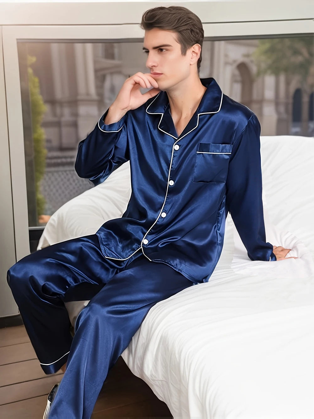 New Men Pajama Sets Sleepwear For Man Shirt Silk Long Sleeve Pyjama Male Sleeping Satin Home Night Wear Plus Size Loungewear