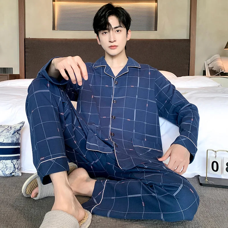 Black Luxurious Men Pajamas Set Autumn Winter Long Sleeves Long Pants Casual Sleepwear Soft Pyjamas Cozy Pijamas Adult Pjs Sleep