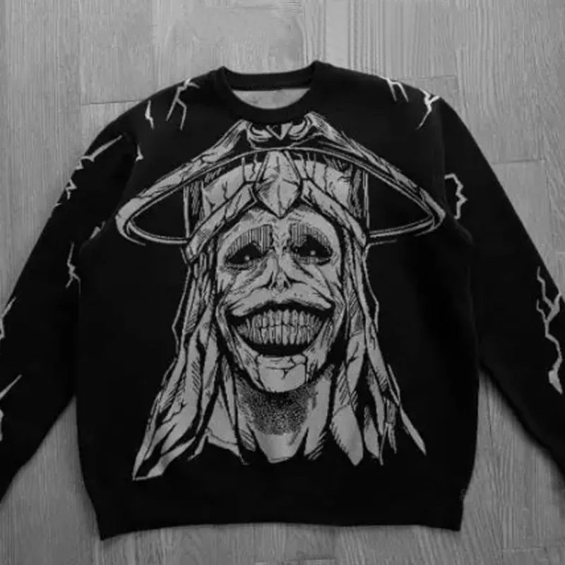 New Hip Hop Gothic Dark Anime Print Streetwear Knitted Sweater Men  Pullover Autumn Harajuku Sweater Women Oversized Sweate