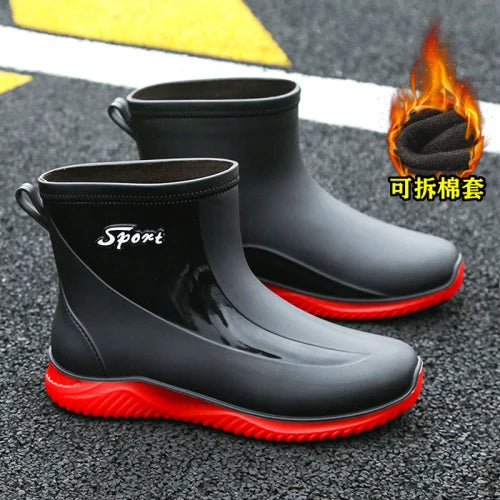 New rain boots for men non-slip wear-resistant take-out riding rubber shoes fishing mid-tube plus velvet winter waterproof shoes