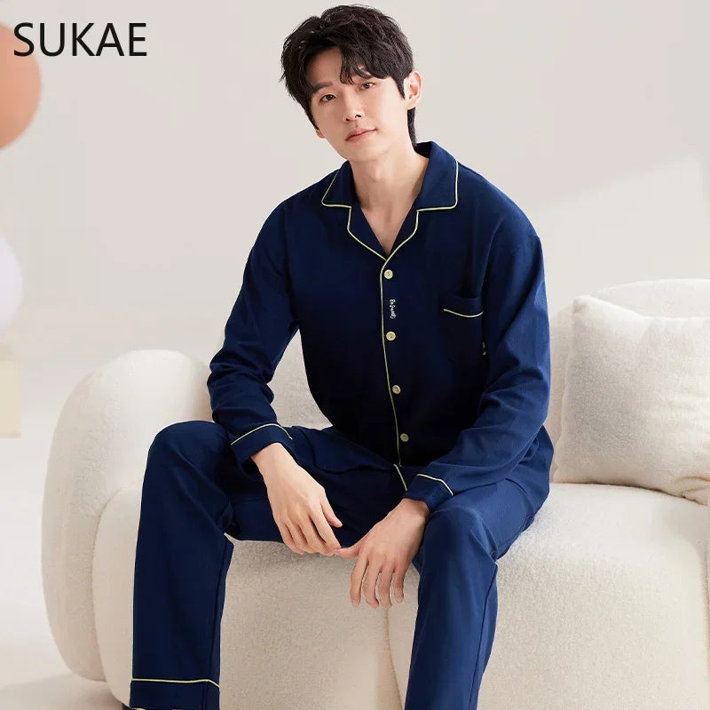 SUKAE Casual Mens Pijama Faux Cotton Soft Nightwear Autumn Spring Homesuit Gentleman Turn-down Collar Sleepwear Boys Pajamas