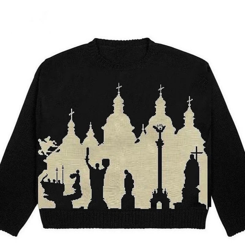 New Hip Hop Gothic Dark Anime Print Streetwear Knitted Sweater Men  Pullover Autumn Harajuku Sweater Women Oversized Sweate