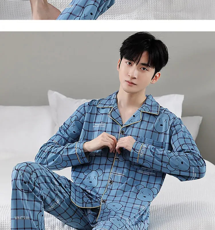 Fall 100% Cotton Pajamas Men's Comfortable Long-sleeved Plus Size Home Wear Suit Teenagers Leisure Outdoor Can Be Worn Outside