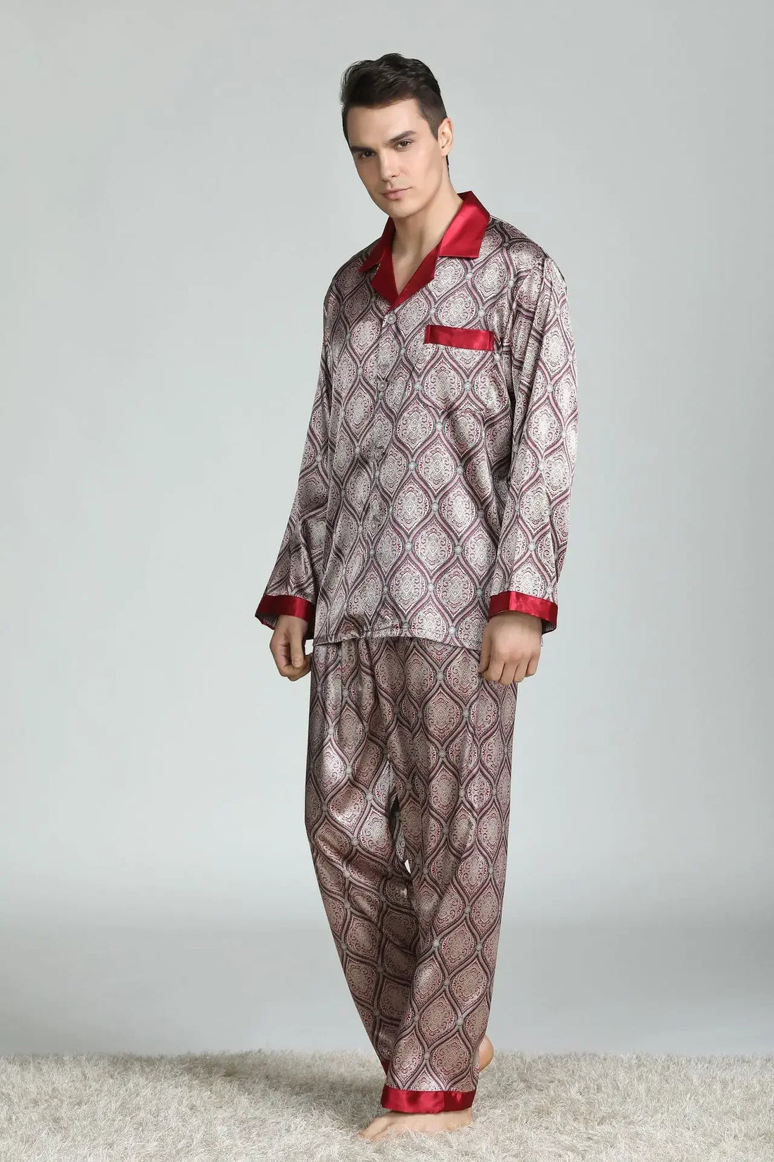 Silk Satin Pajamas for Men Sleepwear Cozy Soft Print Long Sleeve Nightgown Tops+ Trousers Two Pieces Mens Pajama Set