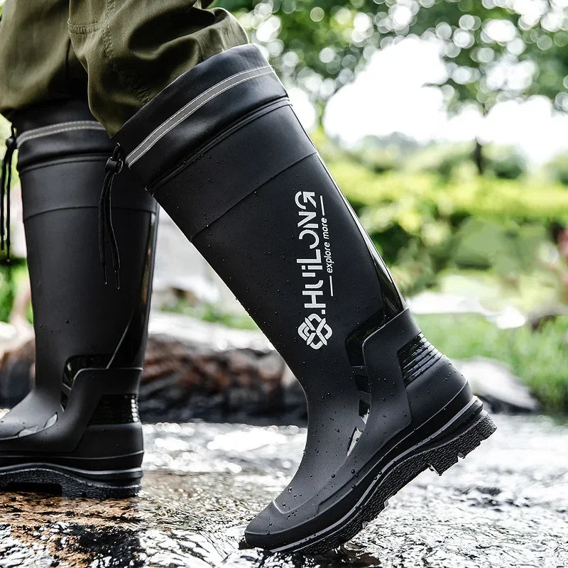 Men's Fashionable InsTrendy Waterproof Non-slip High Top Rain Boots With Thick Sole And Wear-Resistant Rubber Shoes For Fishing