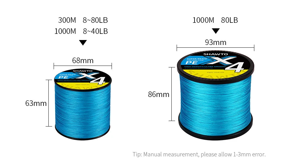 Shawto X4 Strong 1000M 4 Strand Weaves PE Braided Fishing Line Multifilament 4 Braid Wire 12LB 18LB 28LB 40LB 80LB Carp Line