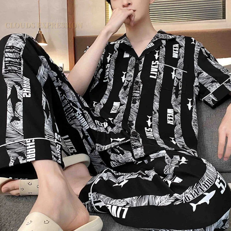 Summer Knitted Plaid Men's Pyjamas Plus 4XL Pajama Sets Casual Pjs Lounge Masculine Sleepwear Nightwear Pijamas Homewear Fashion