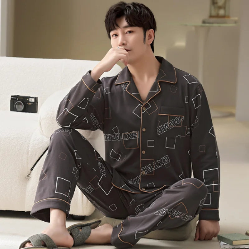 L-5XL Plus Size Faux Cotton Print Men's Pajamas Korean Ins Autumn Y2k Male Nightwear 2024 New Big Size Long Sleeve+pant Home Set