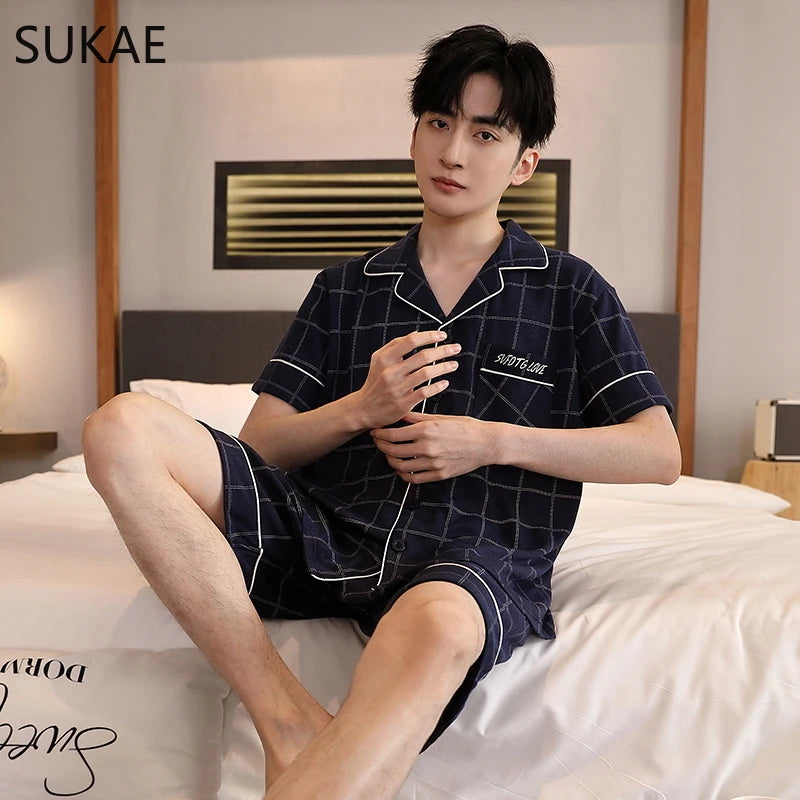 SUKAE Plaid Pyjamas Men Cardigan Lapeled Gentleman's Home Wear Summer Shorts Cotton Lounge Wear Plus Size L-5XL Pyjama Sleepwear