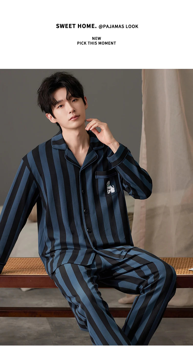 SUKAE Casual Mens Pijama Faux Cotton Soft Nightwear Autumn Spring Homesuit Gentleman Turn-down Collar Sleepwear Boys Pajamas