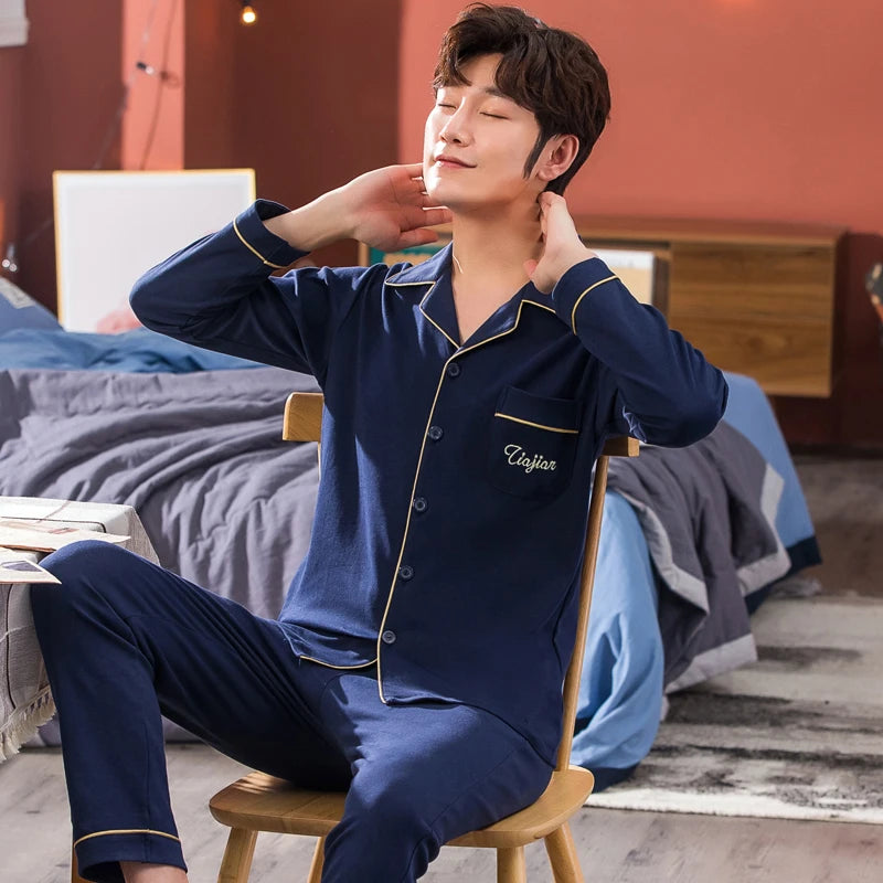 L-5XL Plus Size Faux Cotton Print Men's Pajamas Korean Ins Autumn Y2k Male Nightwear 2024 New Big Size Long Sleeve+pant Home Set