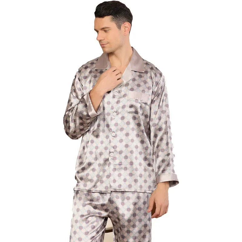 Silk Satin Pajamas for Men Sleepwear Cozy Soft Print Long Sleeve Nightgown Tops+ Trousers Two Pieces Mens Pajama Set