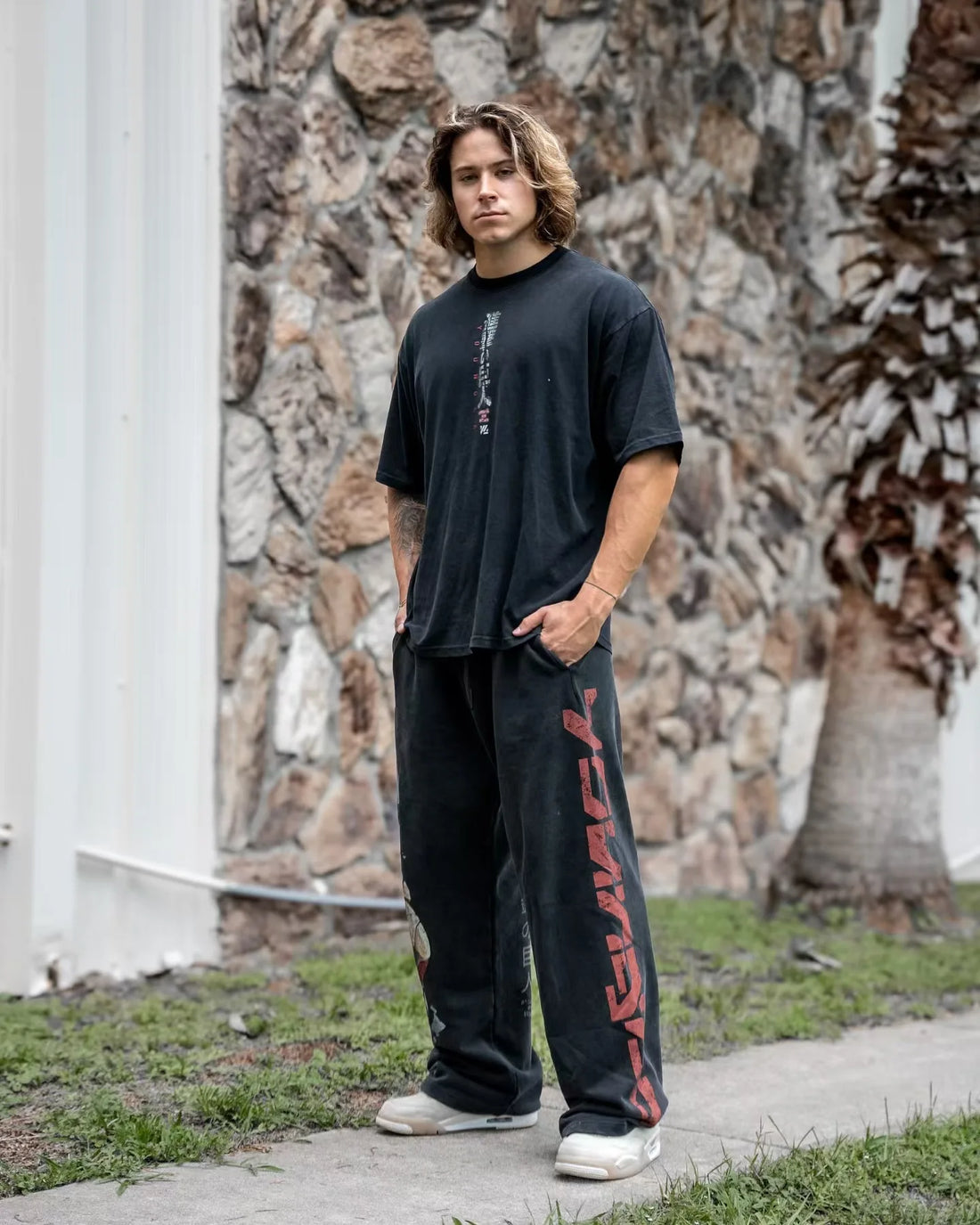 Young American trendy sweatpants collaboration anime joggers cotton terry print wide-leg casual pants hip-hop street pants