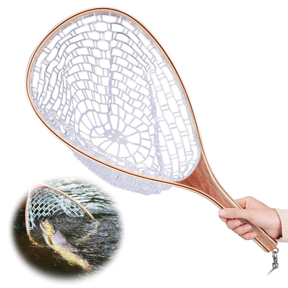 Fly Fishing Landing Nets Wooden Handle Transparent Rubber/Nylon Mesh Trout Mesh Fish Catch Release Stream River Fishing Tool