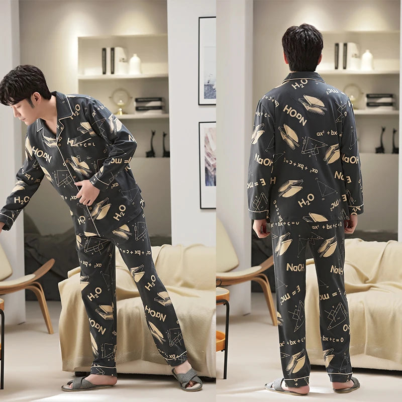 L-5XL Plus Size Faux Cotton Print Men's Pajamas Korean Ins Autumn Y2k Male Nightwear 2024 New Big Size Long Sleeve+pant Home Set