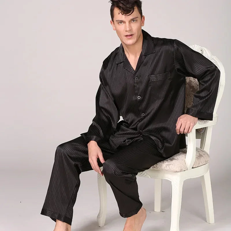 Silk Satin Pajamas for Men Sleepwear Cozy Soft Print Long Sleeve Nightgown Tops+ Trousers Two Pieces Mens Pajama Set