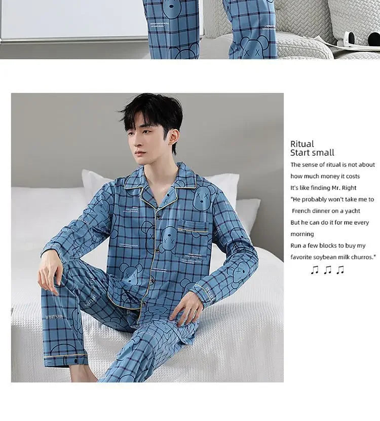 Fall 100% Cotton Pajamas Men's Comfortable Long-sleeved Plus Size Home Wear Suit Teenagers Leisure Outdoor Can Be Worn Outside