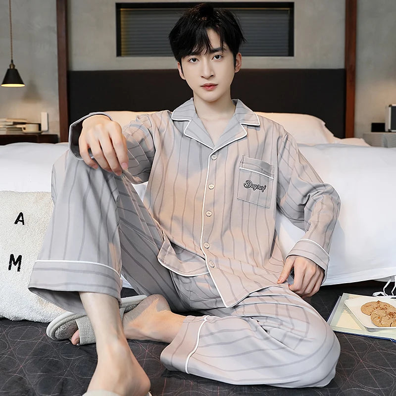 SUKAE Casual Mens Pijama Faux Cotton Soft Nightwear Autumn Spring Homesuit Gentleman Turn-down Collar Sleepwear Boys Pajamas