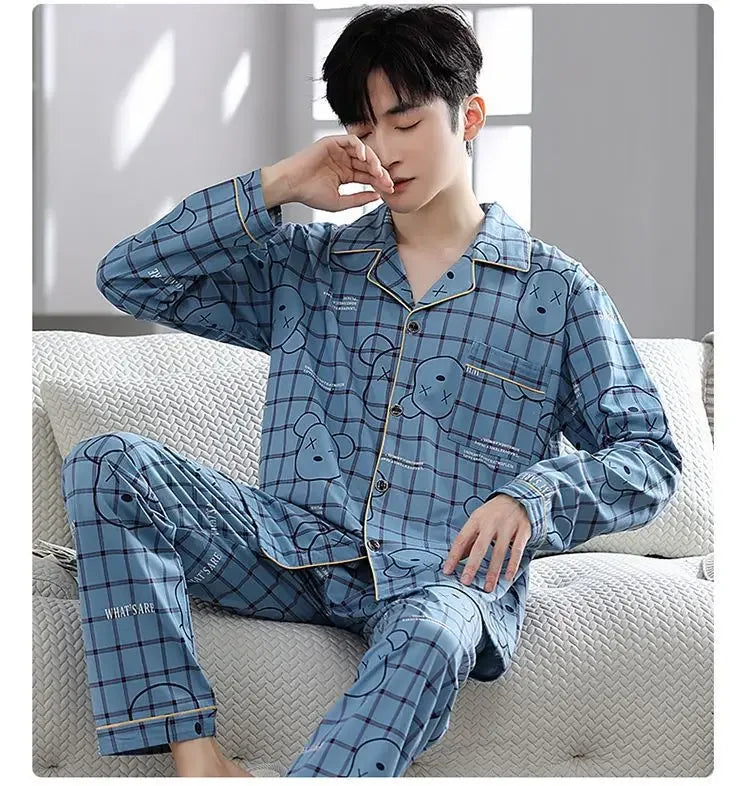 Fall 100% Cotton Pajamas Men's Comfortable Long-sleeved Plus Size Home Wear Suit Teenagers Leisure Outdoor Can Be Worn Outside