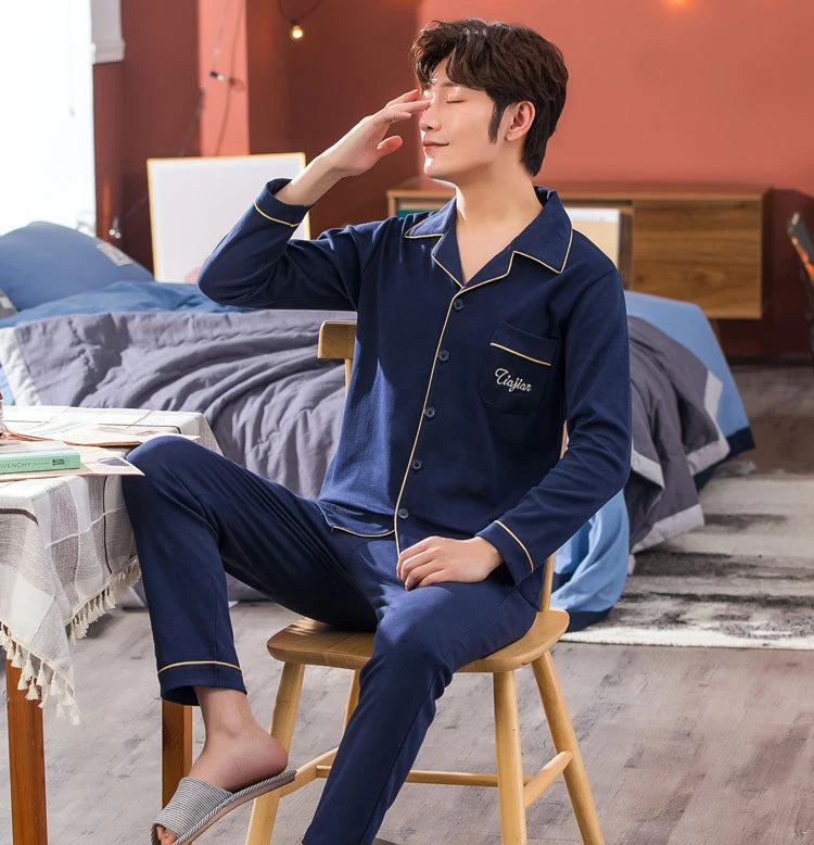 L-5XL Plus Size Faux Cotton Print Men's Pajamas Korean Ins Autumn Y2k Male Nightwear 2024 New Big Size Long Sleeve+pant Home Set