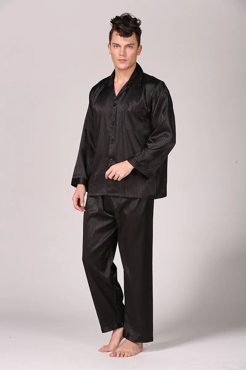 Silk Satin Pajamas for Men Sleepwear Cozy Soft Print Long Sleeve Nightgown Tops+ Trousers Two Pieces Mens Pajama Set