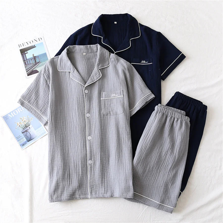 2024 New Summer Men Pajamas Suit Cotton Crepe Gauze Solid Color Simple Short-sleeved Shirt Shorts Sleepwear Men's Loungewear