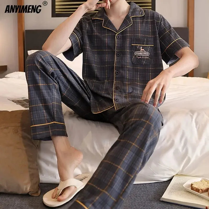 L-5XL Plus Size Luxury Mens Sleepwear Summer Short Sleeves Turn-down Collar Pajamas Set Gentleman Homewear Casual Cotton Pijamas