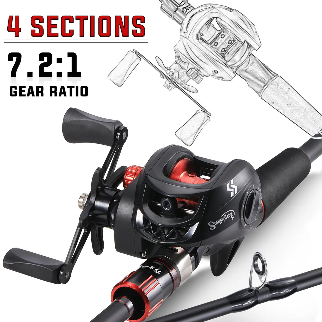 Sougayilang Fishing Rod Reel Combo 1.8~2.1m Carbon Fiber Casting Rod and 7.2:1 Gear Ratio Baitcasting Ree Max Drag 10kg for Bass