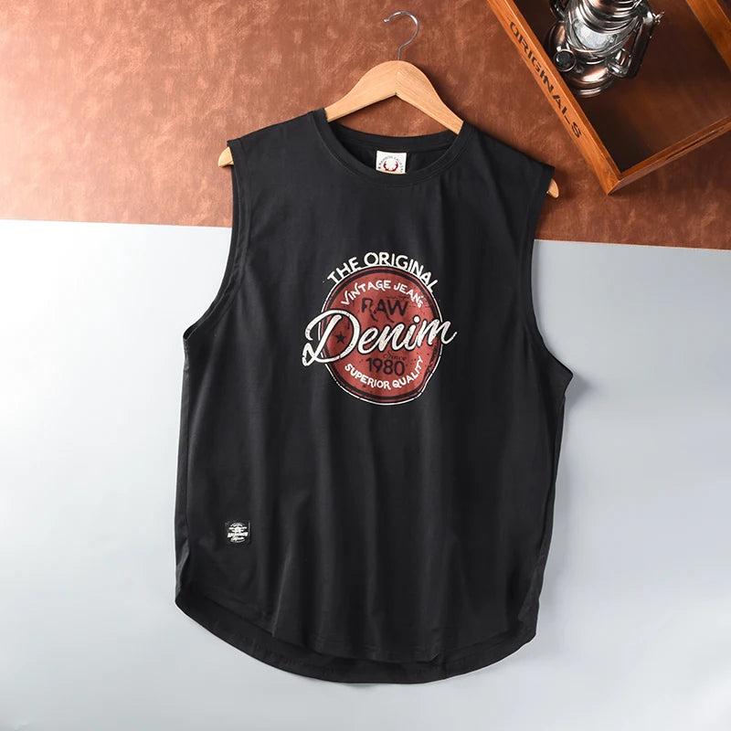 Summer New American Retro Sleeveless O-neck Letter Printed T-shirt Men's Fashion 100% Cotton Washed Old Casual Sports Vest Tops