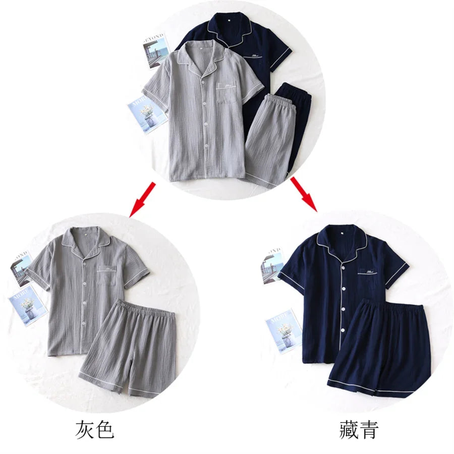 2024 New Summer Men Pajamas Suit Cotton Crepe Gauze Solid Color Simple Short-sleeved Shirt Shorts Sleepwear Men's Loungewear