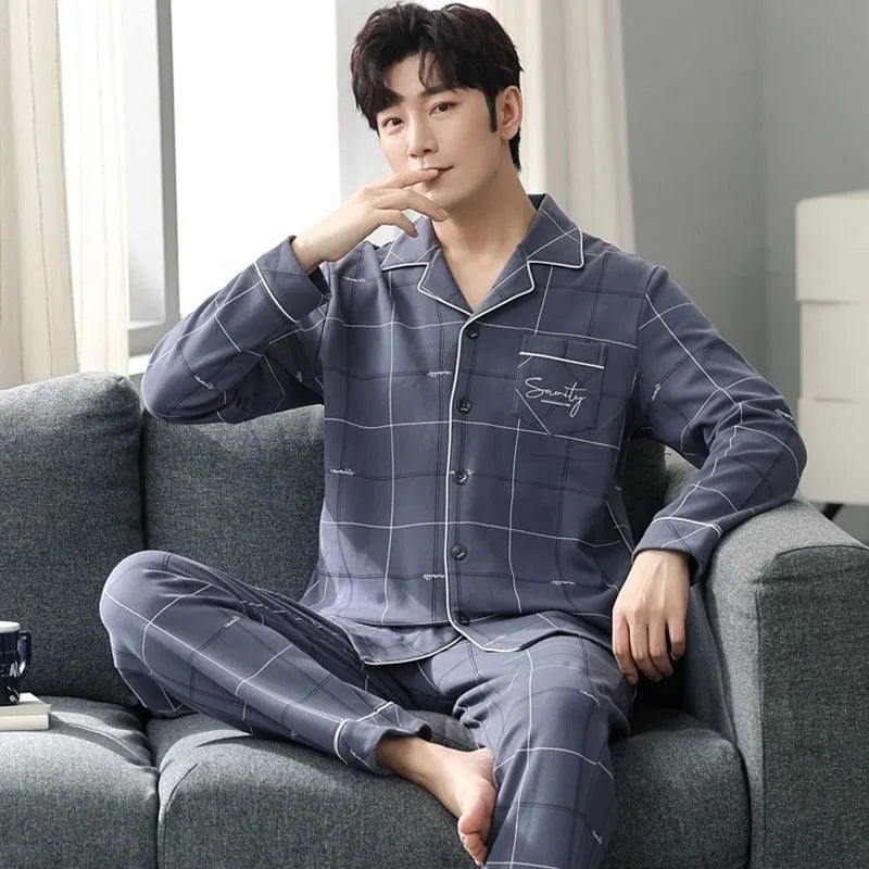 Cotton Cartoon Elephant Men's Pajamas Long-Sleeved Cardigan Sleepwear Loungewear Young and Middle-Aged Students Casual Homewear