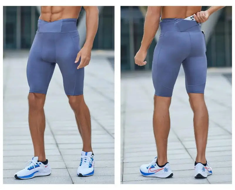 Compression Pants Marathon Running Tights Men Quick Dry Workout Training Basketball Jogging Fitness Gym Sport Shorts with Pocket