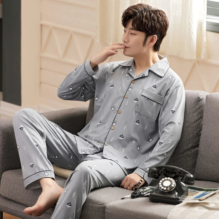 L-5XL Plus Size Faux Cotton Print Men's Pajamas Korean Ins Autumn Y2k Male Nightwear 2024 New Big Size Long Sleeve+pant Home Set