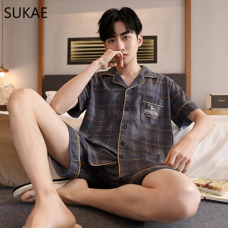 SUKAE Plaid Pyjamas Men Cardigan Lapeled Gentleman's Home Wear Summer Shorts Cotton Lounge Wear Plus Size L-5XL Pyjama Sleepwear