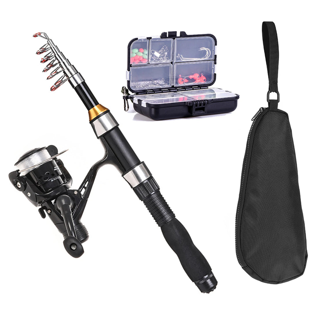 Fishing Rod Reel Combo Full Kit 1.5m Telescopic Fishing Rod Spinning Reel Set with Hooks Soft Lures Barrel Swivels Storage Bag