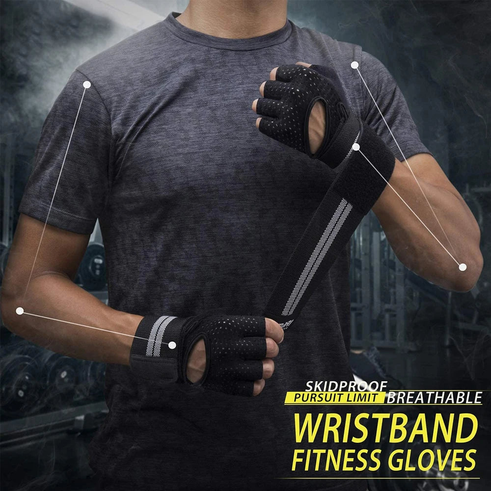 1Pair Half Finger Gym Fitness Gloves with Wrist Wrap Support for Men Women Crossfit Workout Power Weight Lifting Equipment