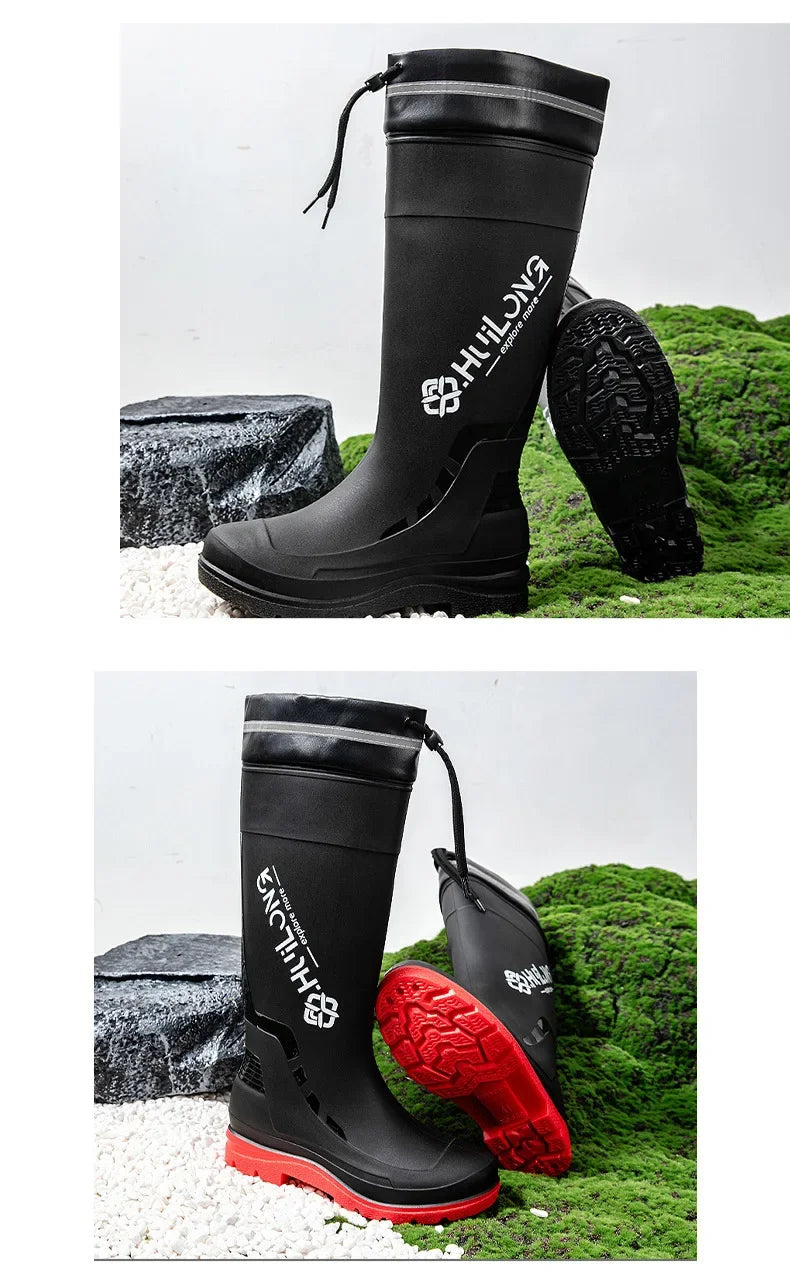 Men's Fashionable InsTrendy Waterproof Non-slip High Top Rain Boots With Thick Sole And Wear-Resistant Rubber Shoes For Fishing