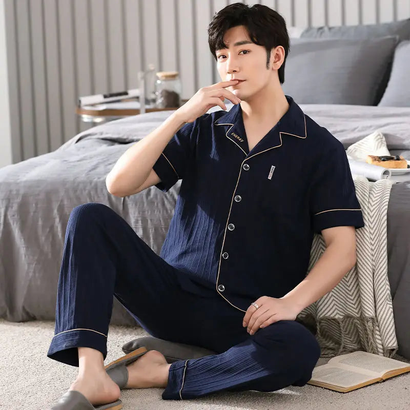 Big Size Cotton Sleepwear Men Short Sleeve Cardigan Trouser Pajama Sets Button Homewear Loungewear Sets Loose Korean Sportswear