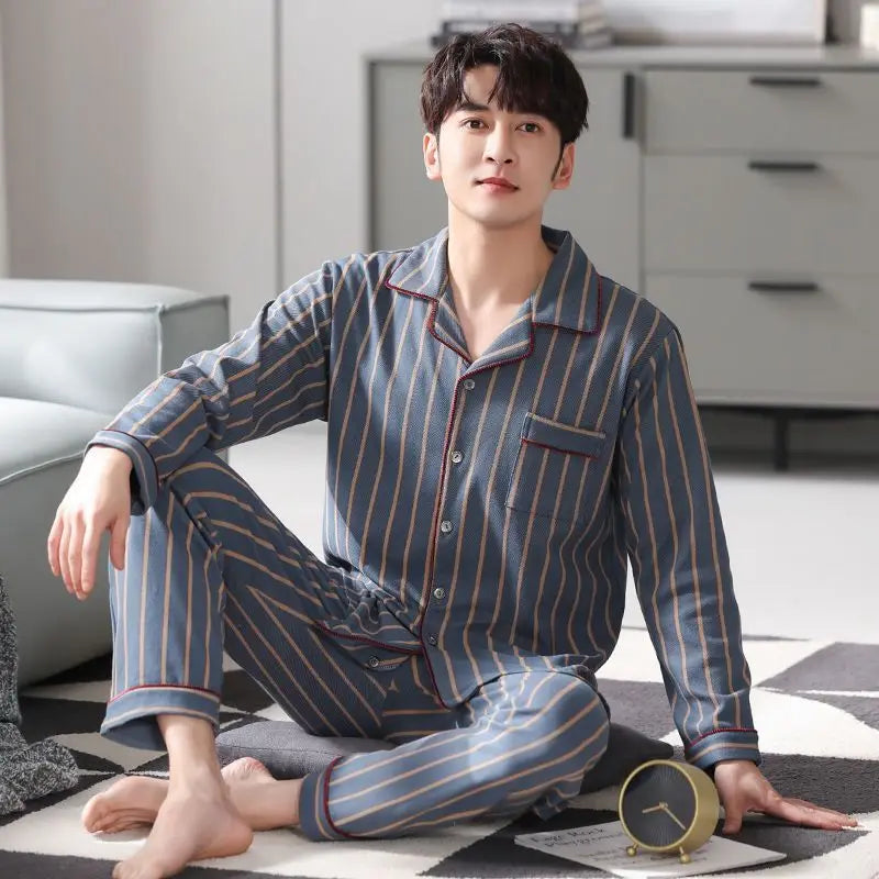 100% Cotton Men's Fall and Winter Long-Sleeved Long Pants Middle-Aged Thin Section of Pajamas Sleepwear Homewear Suit Loungewear