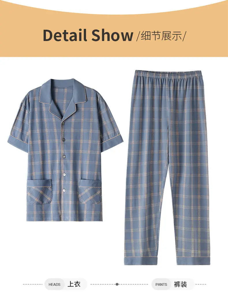 Big Size Cotton Sleepwear Men Short Sleeve Cardigan Trouser Pajama Sets Button Homewear Loungewear Sets Loose Korean Sportswear