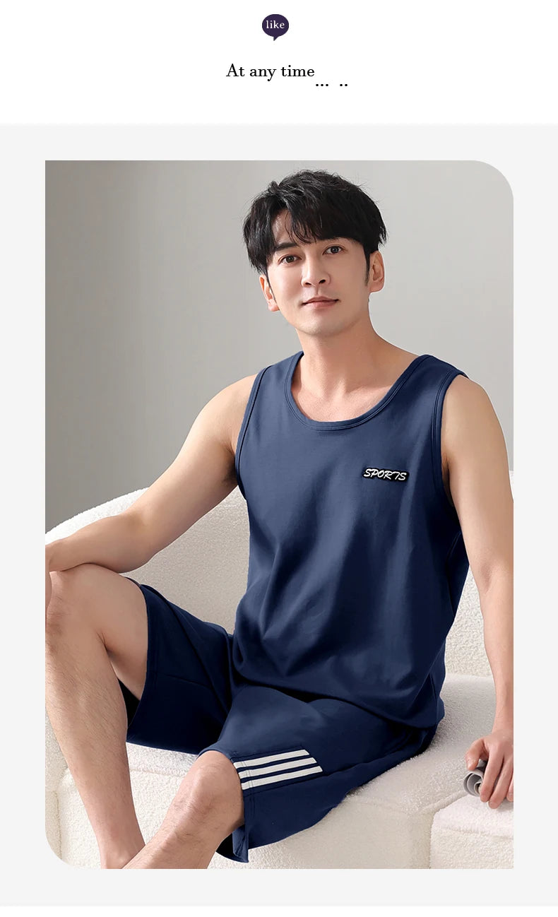 Plus Size 4XL 5XL 6XL 7XL Sleeveless Summer Pajamas Set Plain Men's Nightwear Knitted Cotton Homewear Vest Pijamas for Men