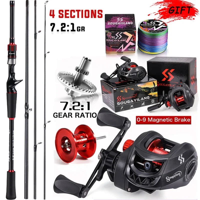 Sougayilang Fishing Rod Reel Combo 1.8~2.1m Carbon Fiber Casting Rod and 7.2:1 Gear Ratio Baitcasting Ree Max Drag 10kg for Bass