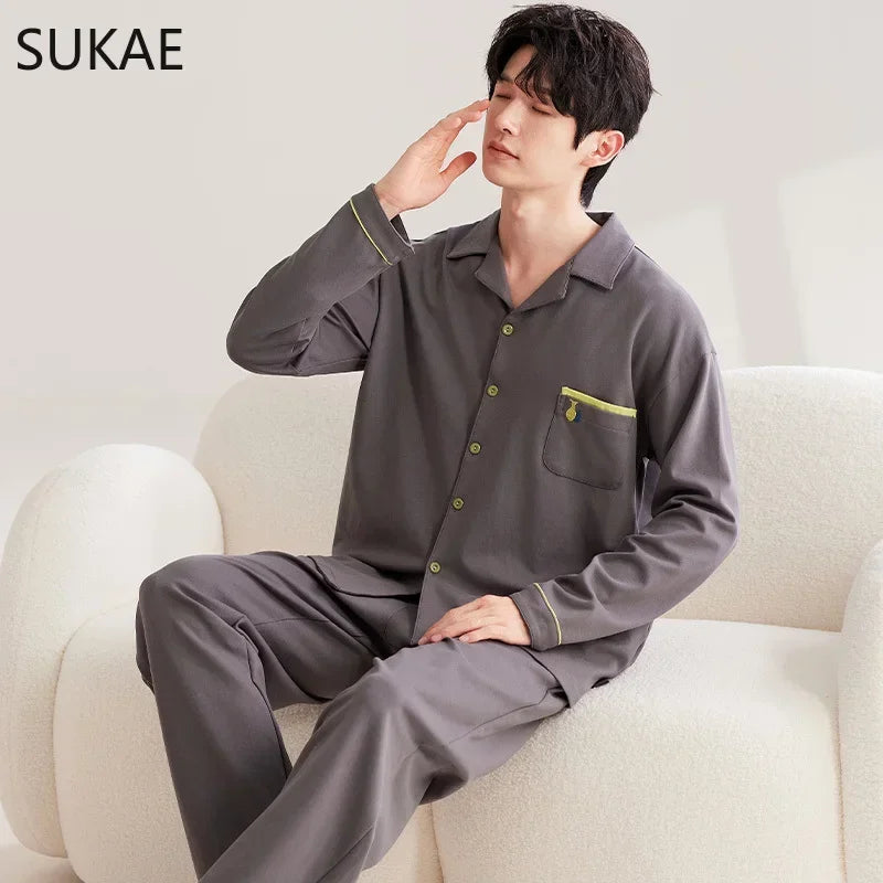 SUKAE Casual Mens Pijama Faux Cotton Soft Nightwear Autumn Spring Homesuit Gentleman Turn-down Collar Sleepwear Boys Pajamas